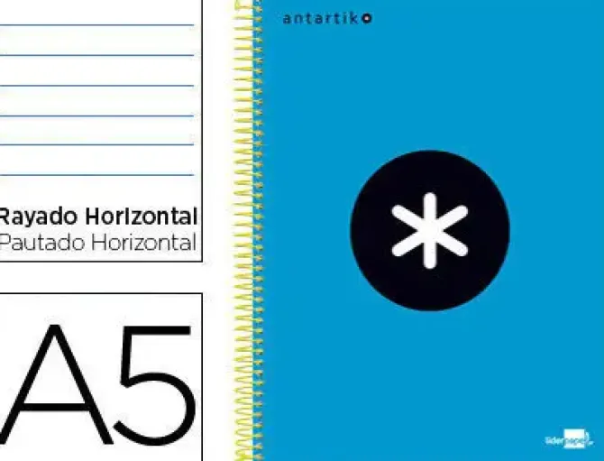 CUADERNO ESPIRAL LIDERPAPEL A5 MICRO ANTARTIK TAPA FORRADA 120H 100 GR HORIZONTAL 5 BANDAS 6 TALADROS COLOR AZUL