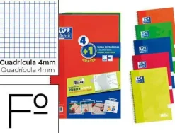 CUADERNO ESPIRAL OXFORD TAPA EXTRADURA FOLIO 80 HOJAS CUADRO 4 MM CON PIZARRA BLANCAPACK 4+1 COLORES CLASICOS