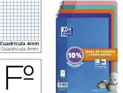 CUADERNO ESPIRAL OXFORD TAPA PLASTICO FOLIO 80 HOJAS CUADRO 4 MM PACK 5 UNIDADES COLORES TENDECIAS