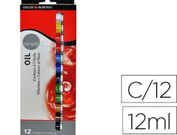 DALER ROWNEY SIMPLY PACK DE 12 PINTURAS OLEO - EXCELENTE RESISTENCIA A LA LUZ - 12ML - COLORES SURTIDOS