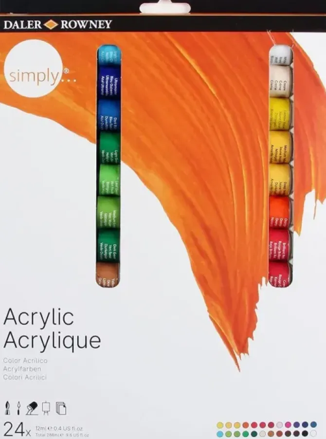 DALER ROWNEY SIMPLY PACK DE 24 PINTURAS ACRILICAS - SECADO RAPIDO - OPTIMA COBERTURA - COLORES MEZCLABLES 12ML - COLORES SURTIDOS