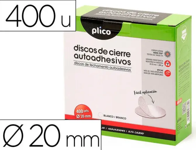 DISCO DE CIERRE PLICO VELCRO AUTOADHESIVO 20 MM DIAMETRO COLOR BLANCO CAJA DE 400 UNIDADES