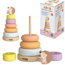 DOHE JUEGO EDUCATIVO DE AROS APILABLES DE MADERA NATURAL - BORDES REDONDOS - VARILLA DE SEGURIDAD - ESTIMULA LA COORDINACION OJO-MANO - FOMENTA LA HABILIDAD MANUAL - APRENDE JUGANDO