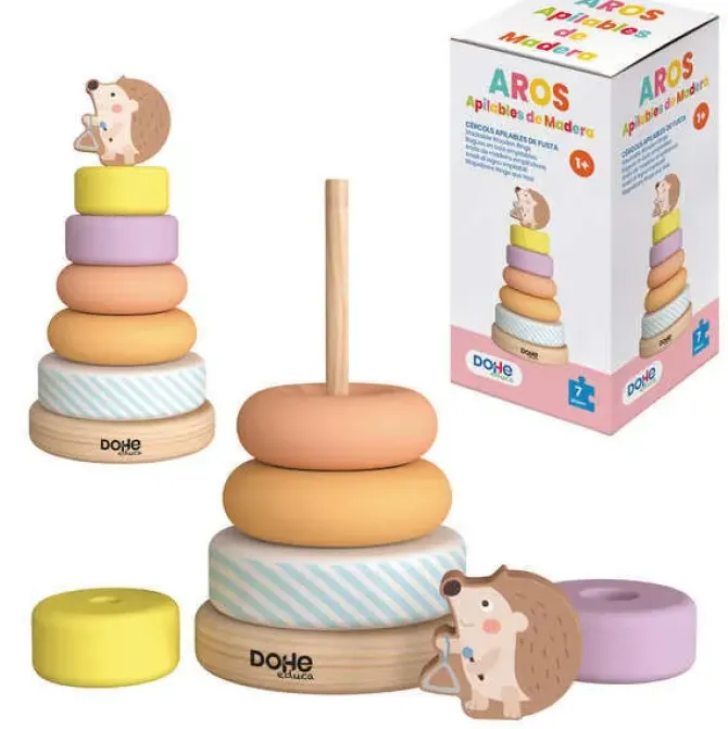 DOHE JUEGO EDUCATIVO DE AROS APILABLES DE MADERA NATURAL - BORDES REDONDOS - VARILLA DE SEGURIDAD - ESTIMULA LA COORDINACION OJO-MANO - FOMENTA LA HABILIDAD MANUAL - APRENDE JUGANDO