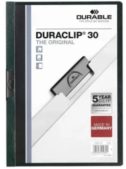 DURABLE DURACLIP 30 CARPETA DE PLASTICO CON CLIP DE ACERO - TAMAÑO A4 - CAPACIDAD HASTA 30 HOJAS - PARTE POSTERIOR RIGIDA COLOR VERDE OSCURO