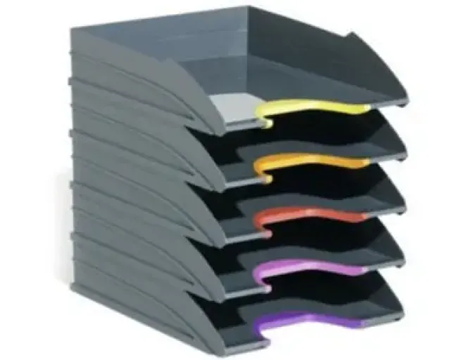 DURABLE VARICOLOR TRAY SET A4 JUEGO DE 5 BANDEJAS PORTADOCUMENTOS - APILABLES EN VERTICAL Y ESCALONADAMENTE - ZONAS DE AGARRE EN DISTINTOS COLORES - COLOR GRIS OSCURO
