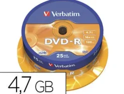 DVD-R VERBATIM CAPACIDAD 4.7GB VELOCIDAD 16X 120 MIN TARRINA