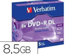 DVD+R VERBATIM DOBLE CAPA CAPACIDAD 8.5GB VELOCIDAD 8X 240 MIN PACK DE 5 UNIDADES