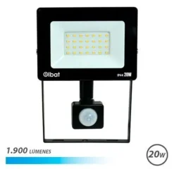 ELBAT FOCO LED CON SENSOR DE MOVIMIENTO - POTENCIA: 20W - LUMENES: 1900 - LUZ FRIA 6.500K - VIDA UTIL: 30.000 - 50.000 HORAS - ANGULO 120º - PROTECCION IP44 - DISTANCIA DE DETECCION: 5 A 12 METROS