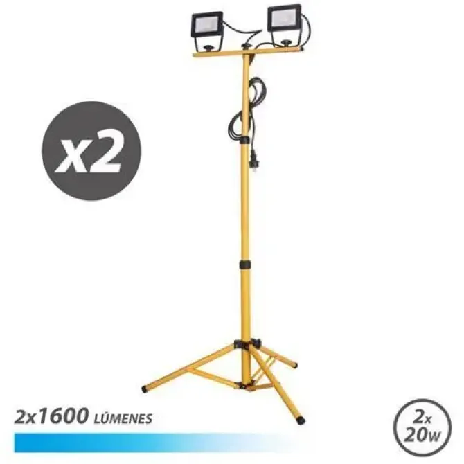 ELBAT FOCO LED CON TRIPODE 2 X 20W - 1600 LUMENES - 6500K LUZ FRIA - CABLE DE 3M - IP65 PARA USO EN EXTERIOR