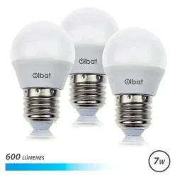 ELBAT PACK 3 BOMBILLAS - POTENCIA 7W - LUMENES 600 - TIPO DE LUZ 6500K LUZ FRIA - CASQUILLO E27 - ANGULO 220º - DIMENSIONES 45X78MM - 30.000 HORAS DE VIDA - 15.000 ENCENDIDOS