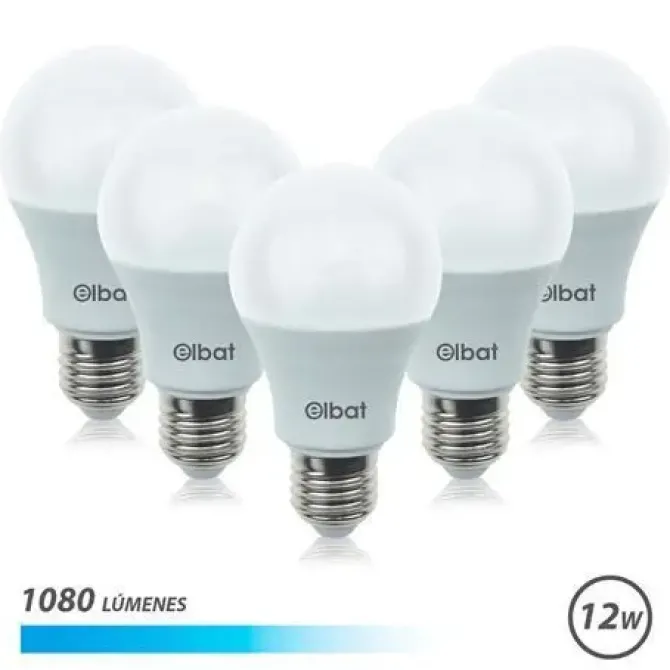 ELBAT PACK 5 UNIDADES - POTENCIA 12W - LUMENES 1080 - TIPO DE LUZ 6500K LUZ FRIA - CASQUILLO E27 - ANGULO 220º - DIMENSIONES 60X120MM - 30.000 HORAS DE VIDA - 15.000 ENCENDIDOS