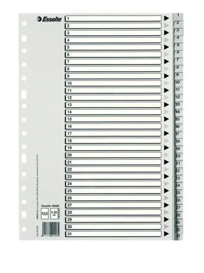 ESSELTE BOLSA DE 25 INDICES NUMERICOS DE PLASTICO - PESTAÑAS 1 AL 31 - MULTITALADRO - FORMATO FOLIO - COLOR GRIS