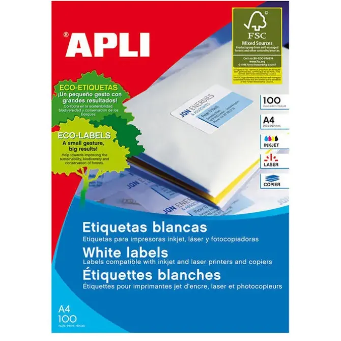 ETIQUETA ADHESIVA APLI 1295 TAMAÑO 70X50,8 MM FOTOCOPIADORA LASER INK-JET CAJA CON 100 HOJAS DIN A4