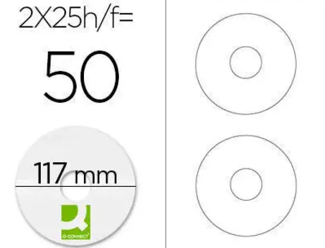 ETIQUETA ADHESIVA Q-CONNECT KF01579 -TAMAÑO CD-ROM -FOTOCOPIADORA -LASER -INK-JET-CAJA CON 25 H/50 ETIQUETAS