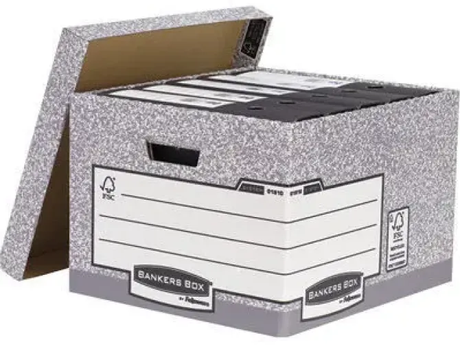 FELLOWES BANKERS BOX CONTENEDOR DE ARCHIVOS FOLIO - MONTAJE AUTOMATICO FASTFOLD - CARTON RECICLADO CERTIFICACION FSC - COLOR GRIS