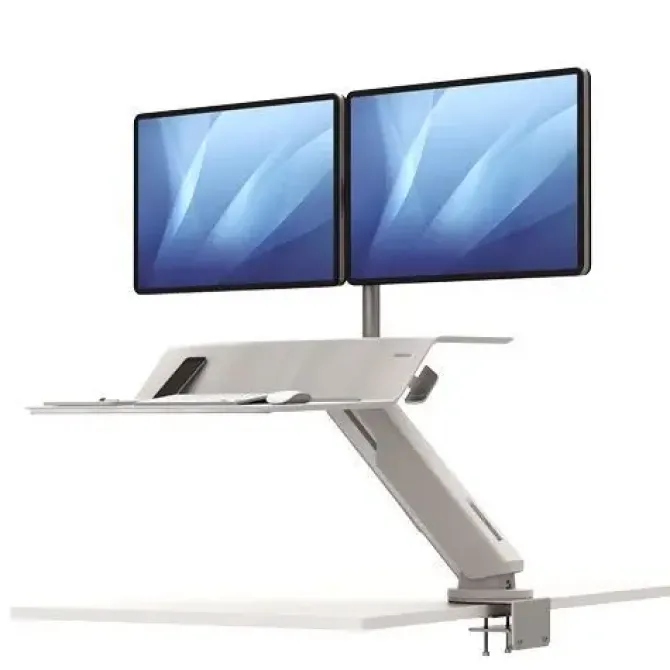 FELLOWES SIT-STAND LOTUS RT ESTACION DE TRABAJO DOBLE - AMPLIA SUPERFICIE - INCLUYE BRAZO MONITOR - SUPERFICIE DE MADERA RESISTENTE - COLOR BLANCO