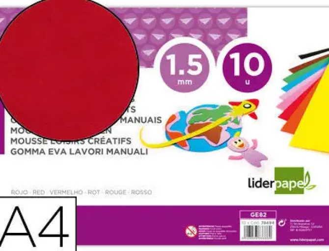 GOMA EVA LIDERPAPEL DIN A4 60G/M2 ESPESOR 1,5MM ROJO PAQUETE DE 10 HOJAS