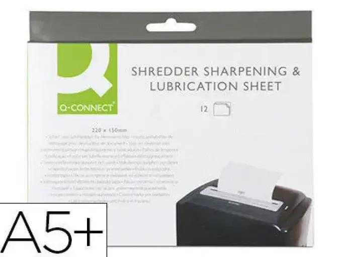 HOJAS LUBRICANTES Y AFILADORAS Q-CONNECT PARA DESTRUCTORA PAQUETE DE 12 HOJAS TAMAÑO 220X150MM