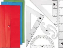 JUEGO ESCUADRA Y CARTABON 25CM REGLA 30CM SEMICIRCULO 15CM Y PLANTILLA DE CURVAS LIDERPAPELEN PETACA OPACA COLORES STDOS