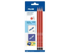 LAPICES DE GRAFITO MILAN HEXAGONAL HB + GOMA 430 + AFILALAPIZ BLISTER DE 3 UNIDADES