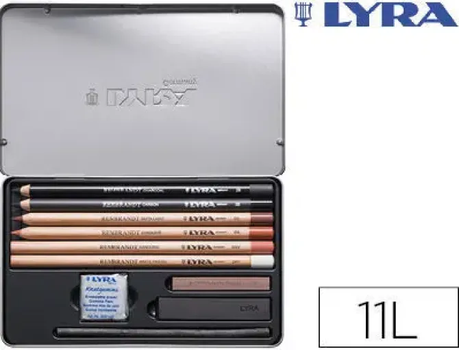 LAPICES LYRA REMBRANDT MONOCROMO CON ACCESORIOS PARA ESBOZOS CAJA METALICA DE 11 UNIDADES