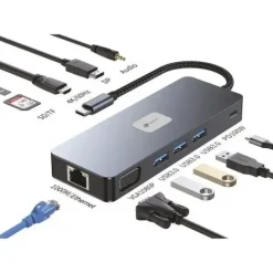 LEOTEC ADAPTADOR 11 EN 1 PLUS USB-C A 1XDISPLAYPORT, 1XHDMI, 1XVGA, 1XRJ45, 3XUSB-A 3.2, 1XUSB-C PD, 1XTF+1XSD, 1X AUDIO - COLOR GRIS