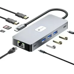 LEOTEC ADAPTADOR 10 EN 1 USB-C A 2XHDMI, 1XRJ45, 3XUSB-A 3.0, 1XUSB-C PD, 1XUSB-C, 1XTF/SD+1XMICROSD - COLOR GRIS
