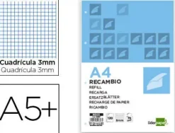 LIDERPAPEL RECAMBIO 4º CUARTO 4 Y 6 TALADROS 100 HOJAS CUADRICULA DE 3MM CON MARGEN RC05