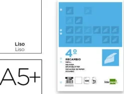 LIDERPAPEL RECAMBIO 4º CUARTO 4 Y 6 TALADROS 100 HOJAS LISO SIN MARGEN RC13