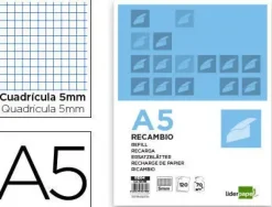 LIDERPAPEL RECAMBIO DIN A5 120H MULTITALADRO 80 GRAMOS CUADRICULA 5 MM BANDA 5 COLORES CS52705