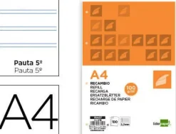 LIDERPAPEL RECAMBIO FOLIO 100H 100GR 2 RAYAS 2,5MM 4 TALADROS CS47119 RA07