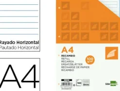 LIDERPAPEL RECAMBIO FOLIO 100H MULTITALADRO 1 RAYA HORIZAONTAL 100GR CS72247 RE06