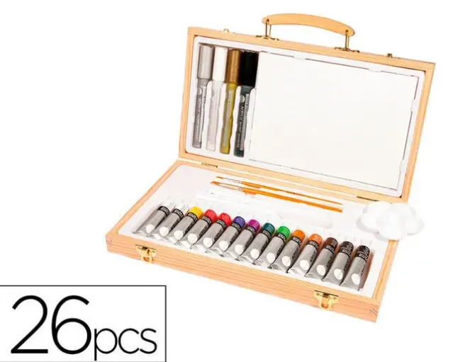 MALETIN DE PINTURAS ACRILICAS DALER ROWNEY MADERA 26 PIEZAS 334X204X50 MM