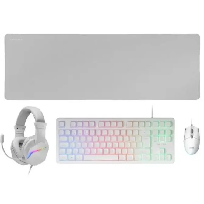 MARS GAMING MCP-RGB3 COMBO GAMING 4EN1 - TECLADO TKL H-MECH - RATON 3200 DPI RGB - AURICULARES FRGB CON CANCELACION DE RUIDO - ALFOMBRILLA XXL ANTIDESLIZANTE - COLOR BLANCO