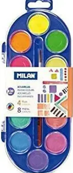 MILAN 0531512 ESTUCHE DE 12 ACUARELAS Ø30 MM + PINCEL SERIE 101 - MEZCLABLE - COLORES FLUORESCENTES Y METALIZADOS