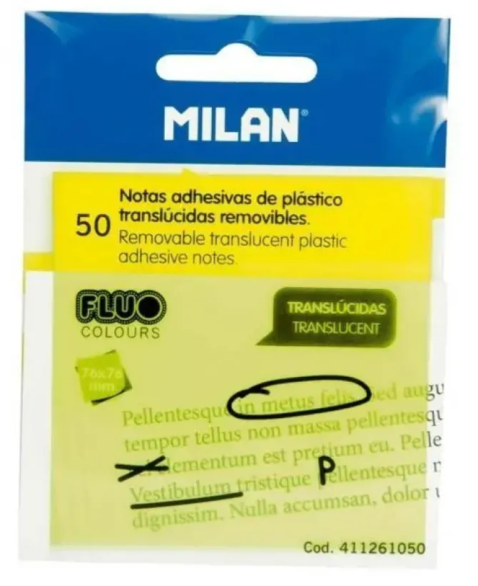 MILAN 50 NOTAS 76X76MM AUTOADHESIVAS TRANSPARENTES AMARILLO 411261050