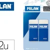 MILAN 4020 PACK DE 2 GOMAS DE BORRAR RECTANGULARES - MIGA DE PAN - SUAVE CAUCHO SINTETICO - FAJA DE CARTON AZUL - COLOR BLANCO
