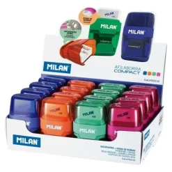 MILAN COMPACT EXPOSITOR DE 16 AFILABORRAS - USO ESTANDAR Y MAXI - CUCHILLA DE ACERO - GOMA DE BORRAR - CUCHILLA DE SEGURIDAD - COLORES SURTIDOS