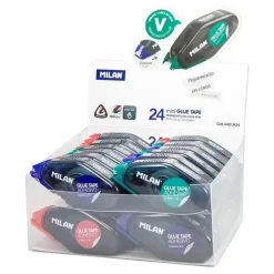 MILAN EXPOSITOR DE 24 CINTAS DE PEGAMENTO COMPACTO 8,4MM X 5M - DISEÑO ERGONOMICO - SECADO RAPIDO - COLORES SURTIDOS