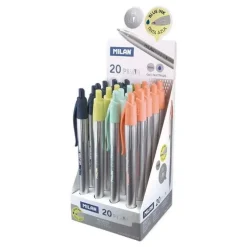 MILAN P1 SILVER EXPOSITOR DE 20 BOLIGRAFOS DE BOLA RETRACTILES - PUNTA REDONDA 1MM - CUERPO PLATEADO CON CLIP DE COLORES SURTIDOS - COLOR DE TINTA AZUL