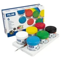 MILAN PACK DE 6 BOTES DE TEMPERA 40ML + 1 PINCEL SERIE 101 - SECADO RAPIDO - MEZCLABLE - COLORES SURTIDOS