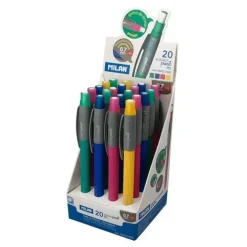 MILAN PL1 EXPOSITOR DE 20 PORTAMINAS - MINA 0.7MM HB GRAFITO - GOMA MILAN EXTRA LARGA - COLORES SURTIDOS