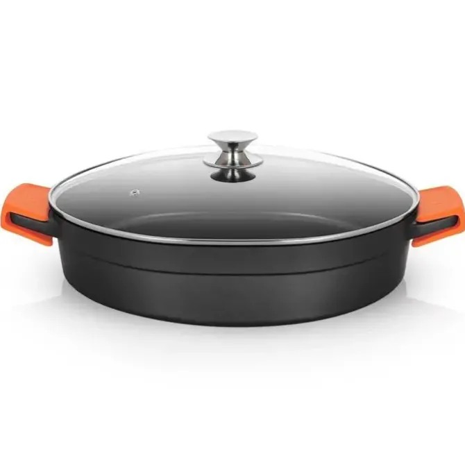 ORBEGOZO CDB CACEROLA BAJA SERIE 10.5L - ALUMINIO FUNDIDO INDEFORMABLE - ASAS DE SILICONA - APTA PARA TODO TIPO DE FUEGOS - SUPERFICIE ANTIADHERENTE - TAPA DE CRISTAL TEMPLADO