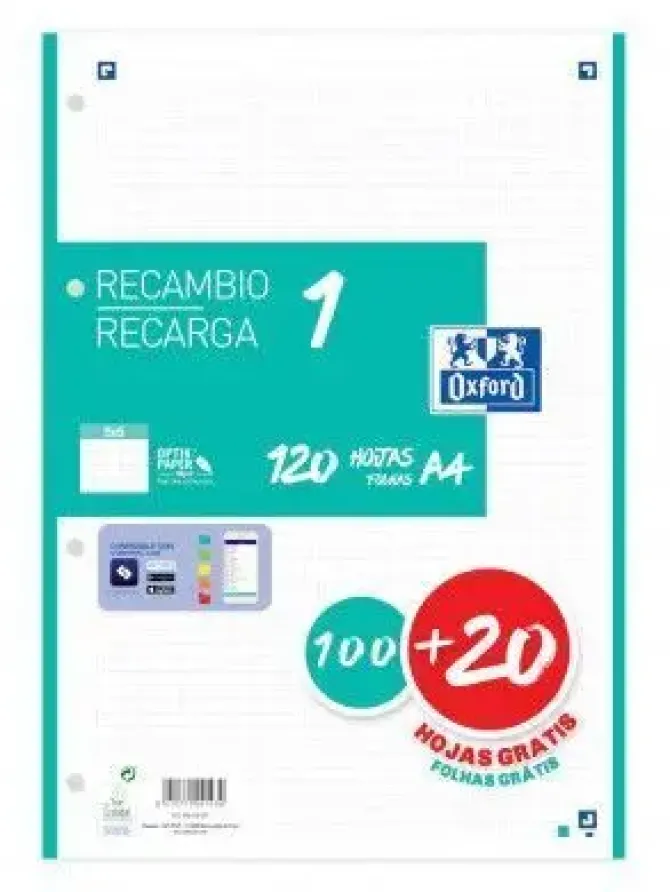 OXFORD RECAMBIO COLOR OXFORD DIN A4 100 + 20HOJAS GRATIS 90 GR CUADRO 5 MM 4 TALADROS AZUL TURQUESA