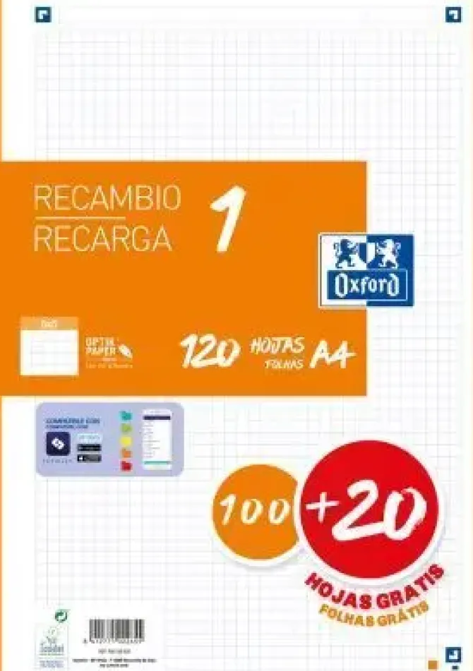 OXFORD RECAMBIO COLOR OXFORD DIN A4 100 + 20HOJAS GRATIS 90 GR CUADRO 5 MM 4 TALADROS NARANJA