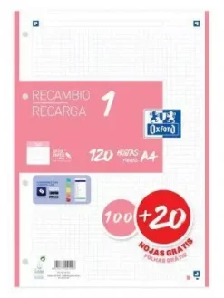 OXFORD RECAMBIO COLOR OXFORD DIN A4 100 + 20HOJAS GRATIS 90 GR CUADRO 5 MM 4 TALADROS ROSA