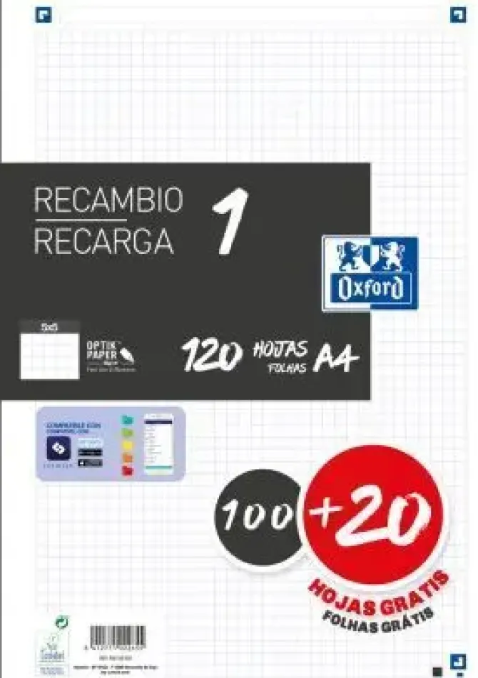 OXFORD RECAMBIO COLOR OXFORD DIN A4 100 + 20HOJAS GRATIS 90 GR CUADRO 5 MM 4 TALADROS NEGRO