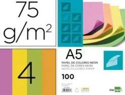 PAPEL 100 HOJAS A5 CUARTILLA 4 COLORES NEON FLUORESCENTES 210X148,5MM 75GR