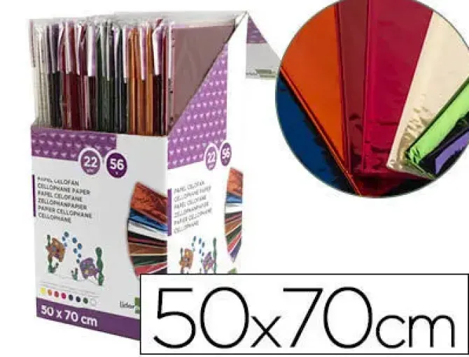 PAPEL CELOFAN LIDERPAPEL 50X70 EXPOSITOR 56 BOLSAS DE 5 HOJAS 8 COLORES SURTIDOS